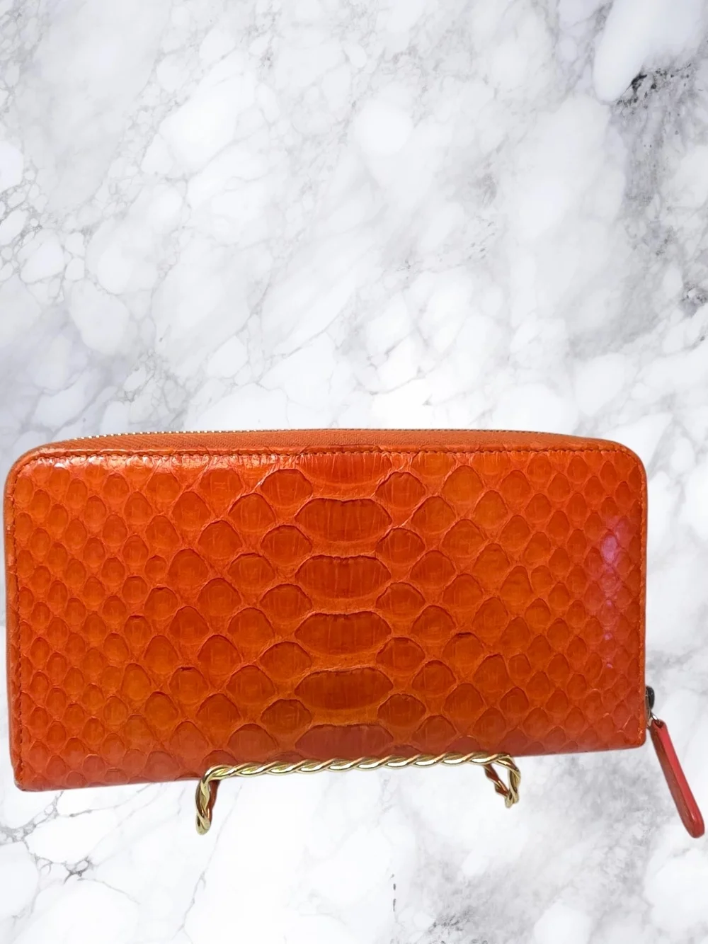 Chanel Burnt Orange Python Snakeskin Zip Around Wallet CC Logo Exotic Leather